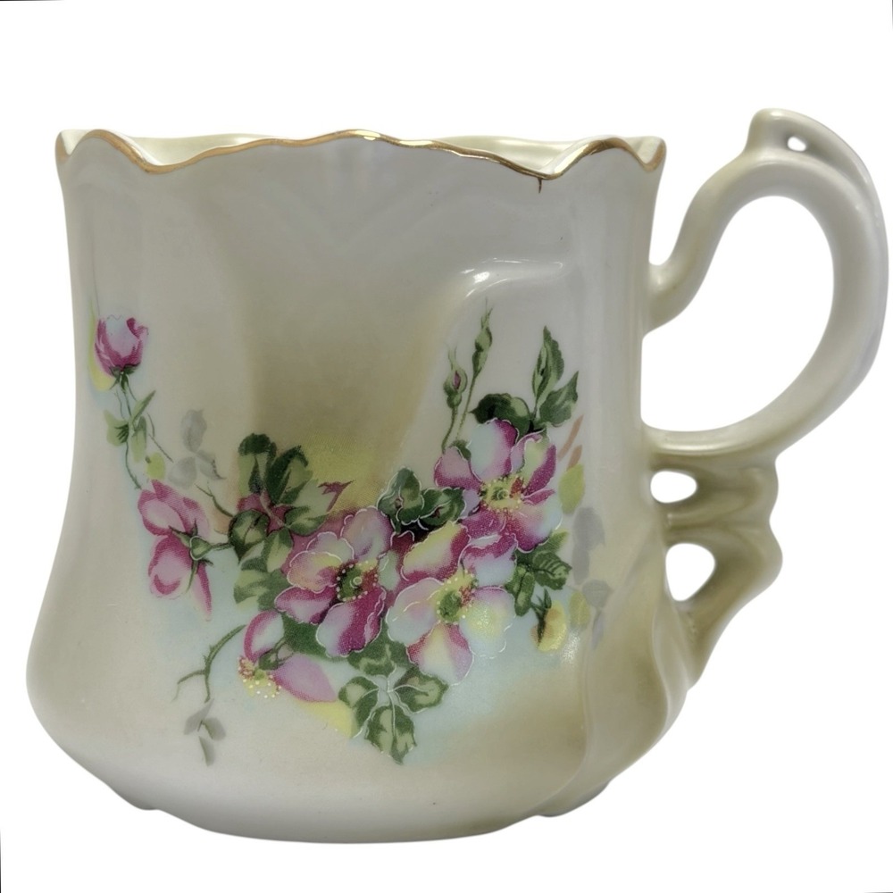 Vintage Victorian Nippon Porcelain Shaving Mug Cup Hand-Painted Floral Gold Rim